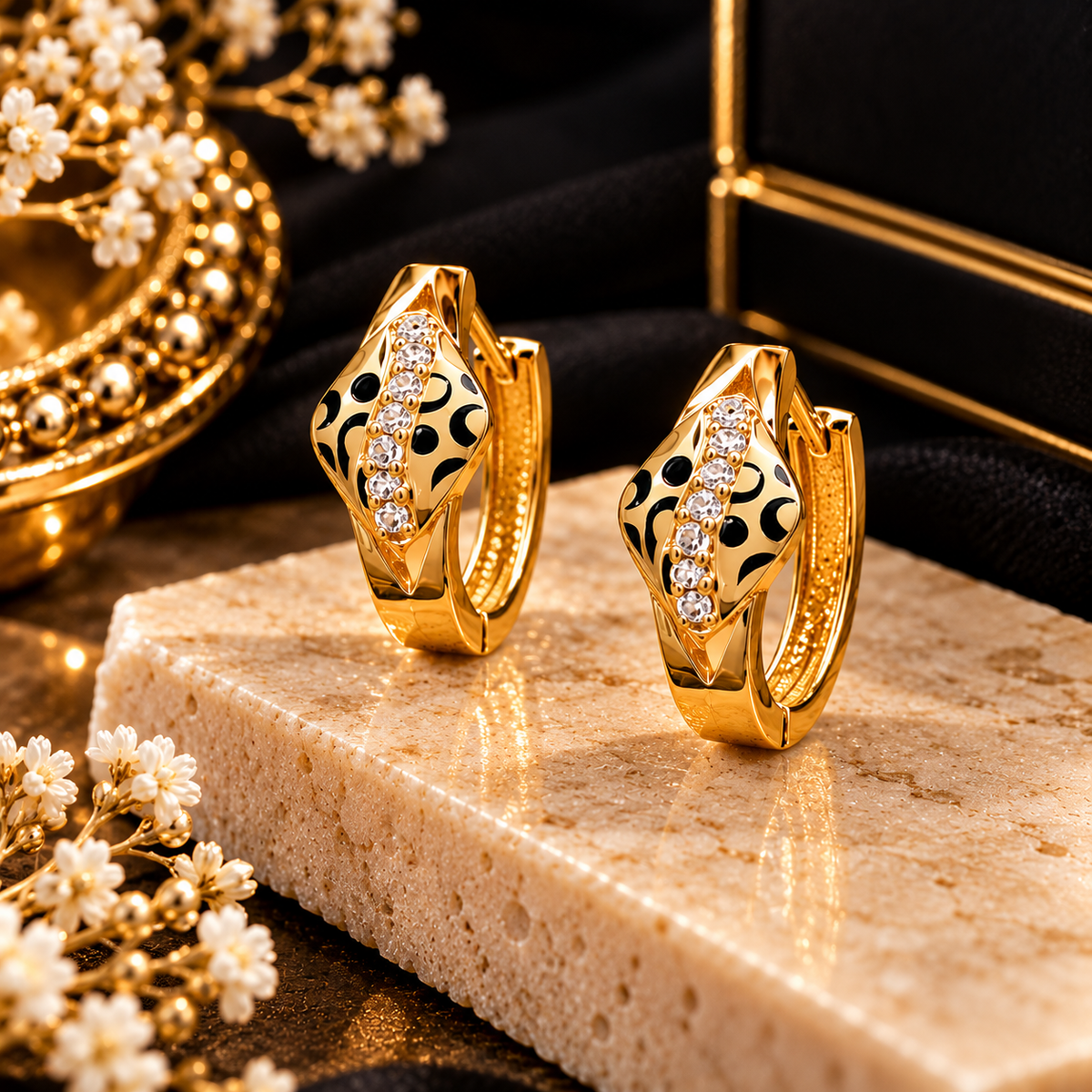 Golden Noir Crystal Hoop Earrings