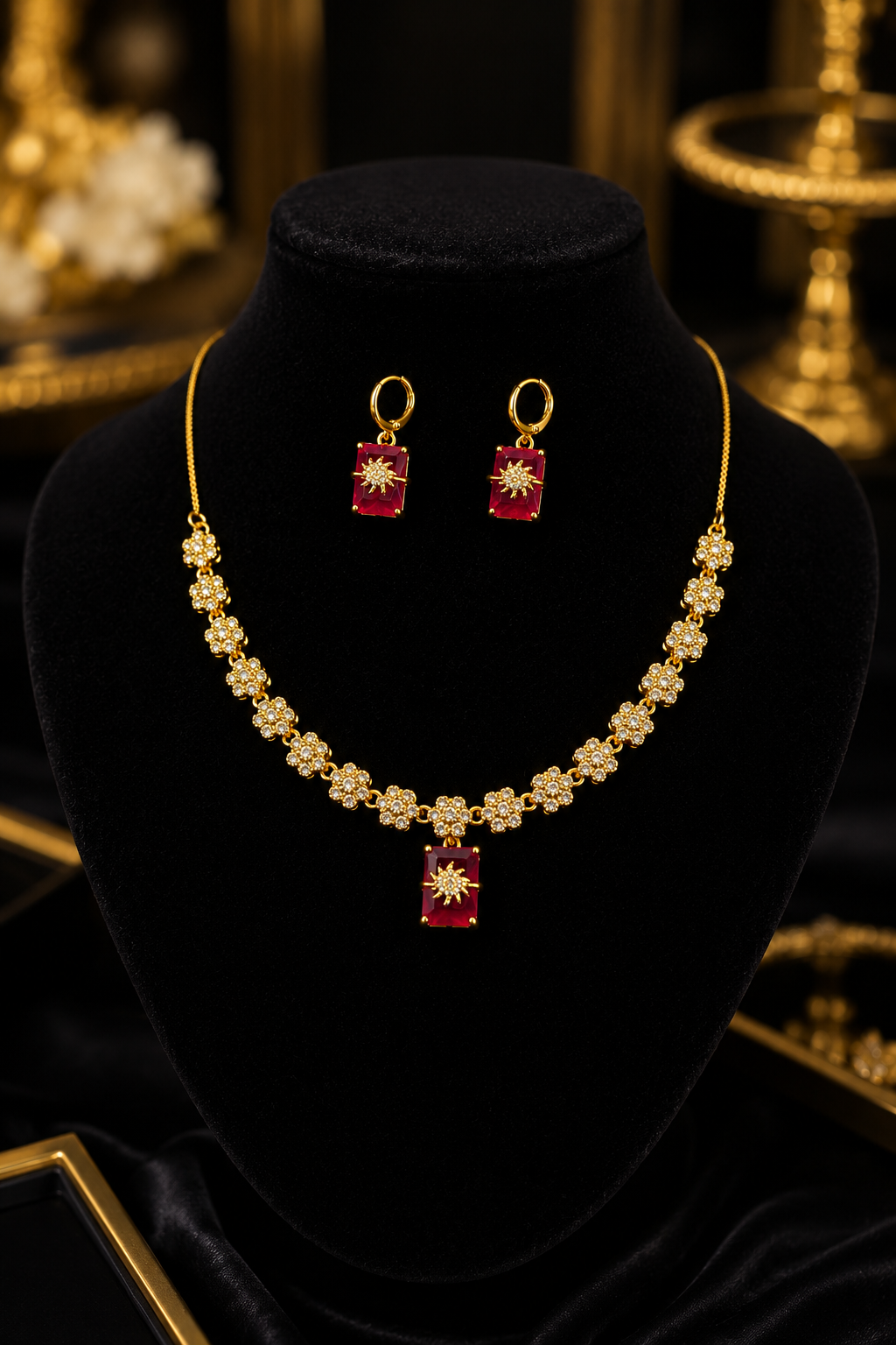 Floral Ruby / champagne / diamond Necklace Set