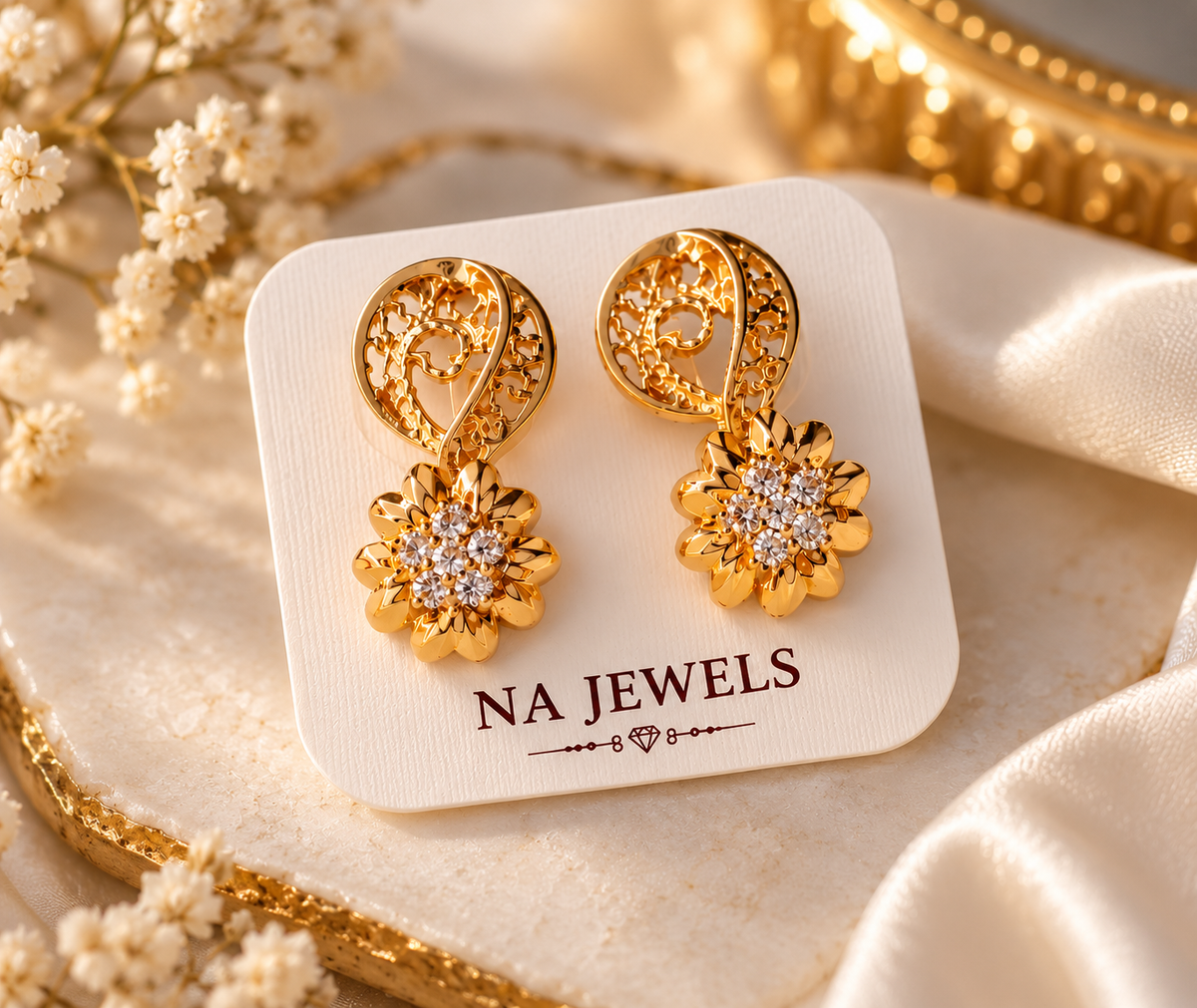 Golden Floral Filigree Drop Earrings