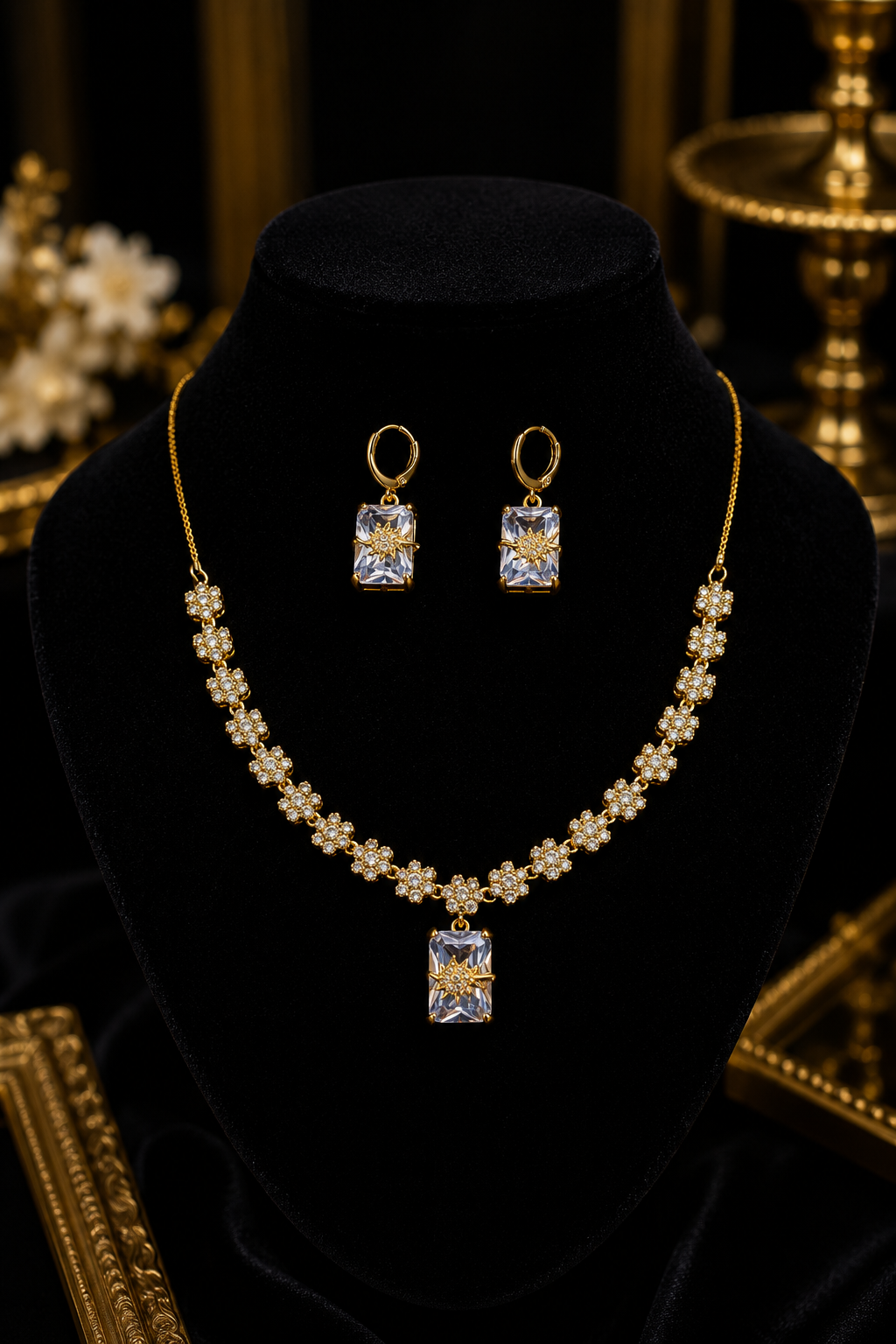 Floral Ruby / champagne / diamond Necklace Set