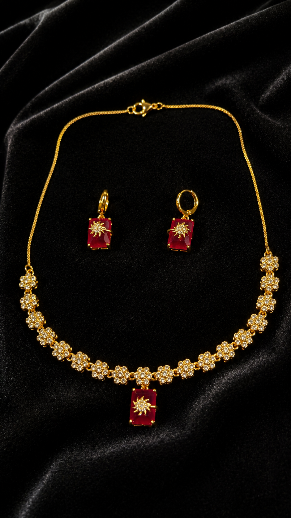 Floral Ruby / champagne / diamond Necklace Set