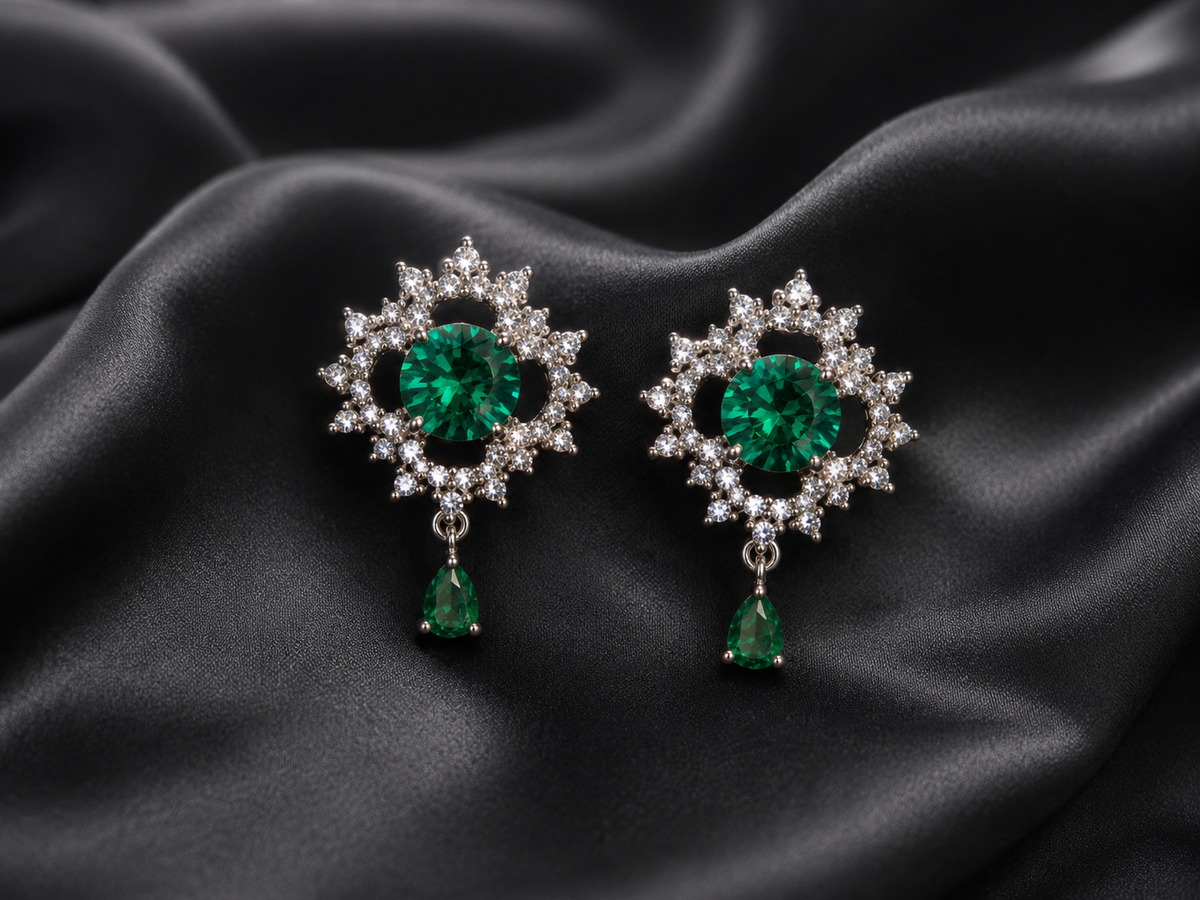 Emerald Snowflake Drop Earrings