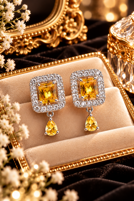 Royal Citrine Halo Drop Earrings