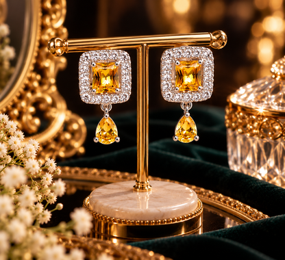 Royal Citrine Halo Drop Earrings